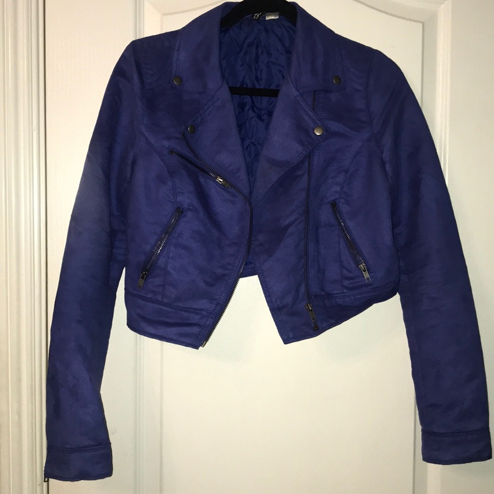 Cobalt blue Cropped blue faux Suede motto jacket